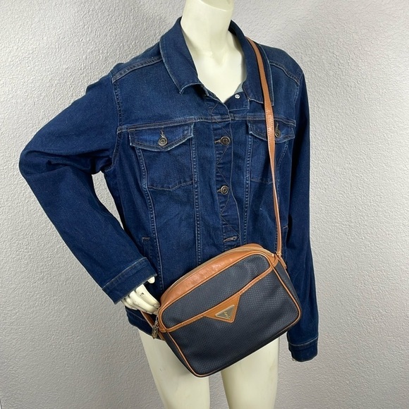 Vintage Yves Saint Laurent Small Canvas Crossbody Bag Leather Trim Black Brown - Picture 1 of 17